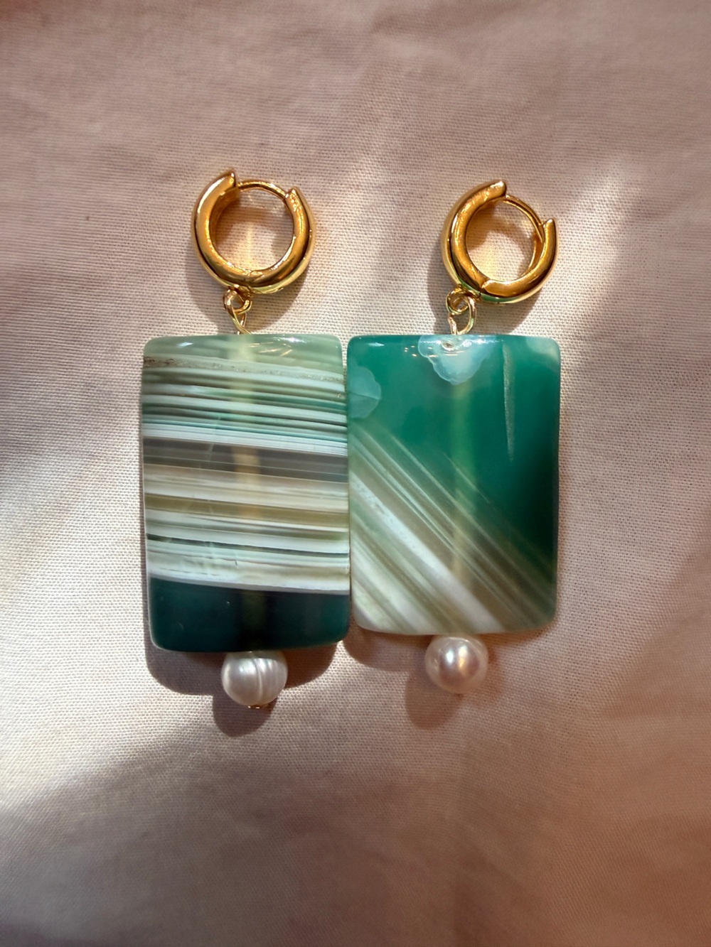Gold Hoop Green Striped Agate Drop Earrings with Pearl
